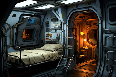 未来太空站上的床铺背景图片