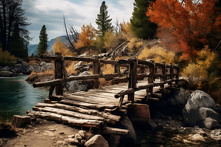 朽木桥上秋意背景图片