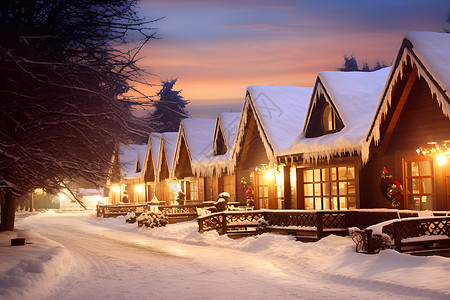 浪漫街道冬夜的白雪屋子背景