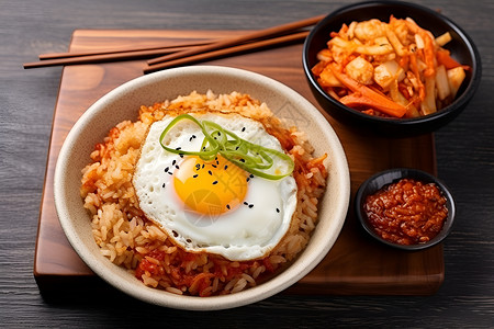 餐桌上的韩式泡菜拌饭背景图片