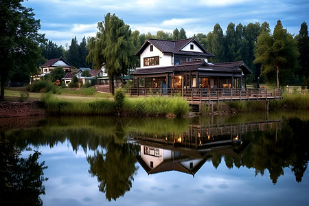 秋季森林小屋湖畔森林中的小屋背景