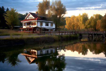 湖畔别墅的美丽景观背景图片
