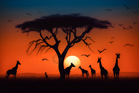 非洲景观荒野中的长颈鹿与鸟群设计图片