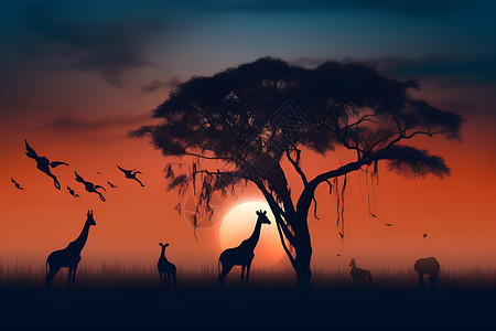 非洲景观树下长颈鹿群与飞鸟共舞设计图片