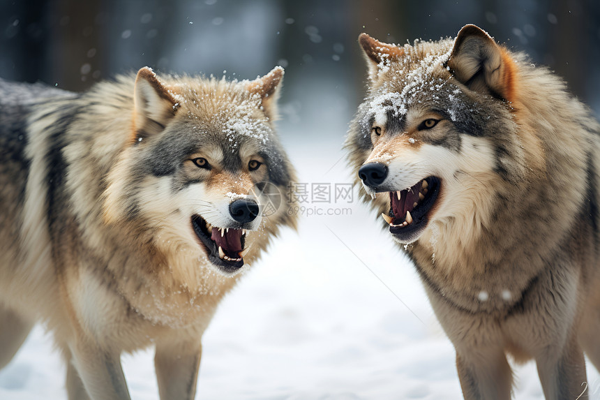 两只狼在雪地里图片