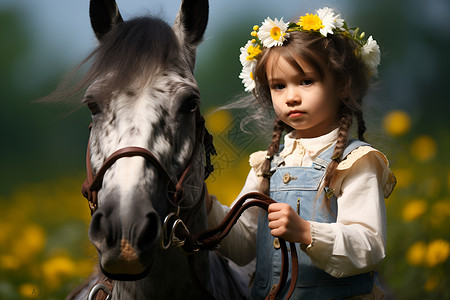 拉着马儿的小女孩背景图片