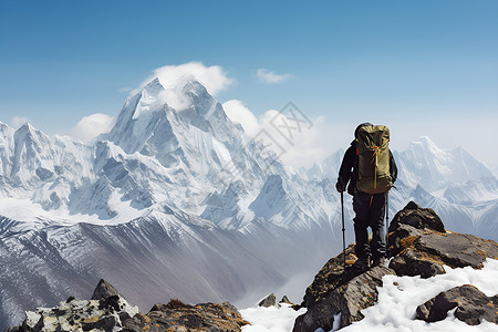 攀登山顶远看登山胜利的男人背景