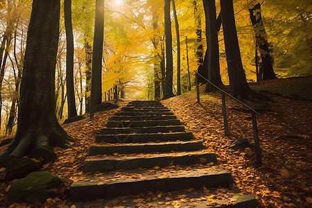 秋季森林中的石梯背景