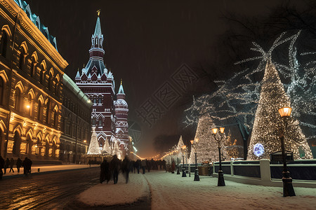 寒夜莫斯科雪中奇景高清图片