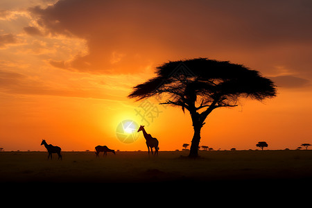 黄昏时的大草原和动物背景图片