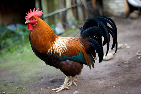 一只红黑冠的公鸡背景图片