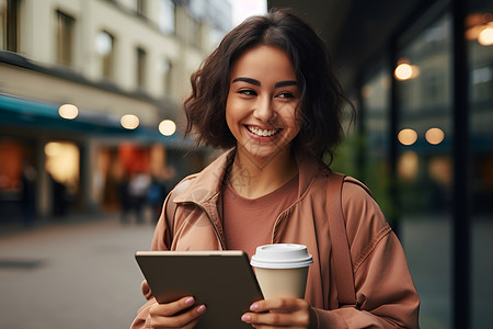 女孩手持平板电脑和咖啡背景图片