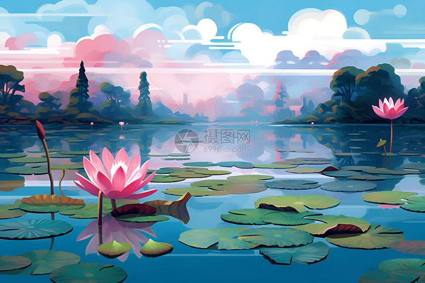 清幽湖泊中的莲花仙境图片