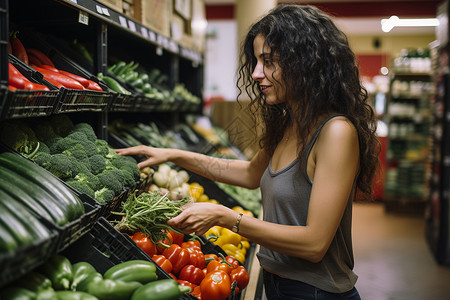 女子在杂超市选购蔬菜背景图片