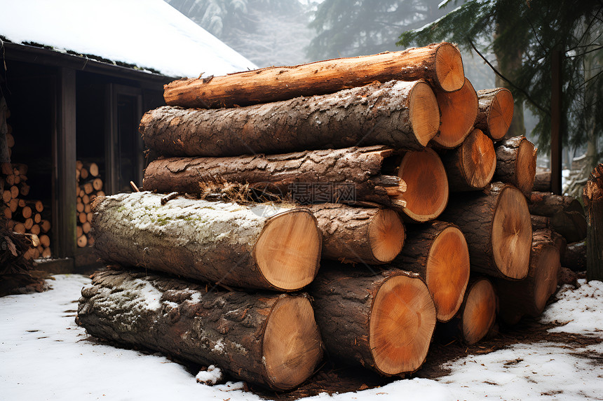 冬日的一堆原木图片