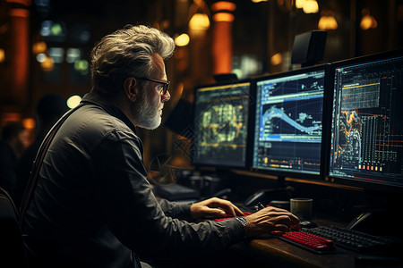 股神在金融交易大厅操作电脑背景图片