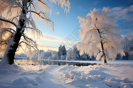 树林中的水域和冰雪背景图片