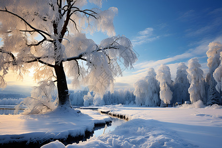 树林中的冰雪和河流背景图片