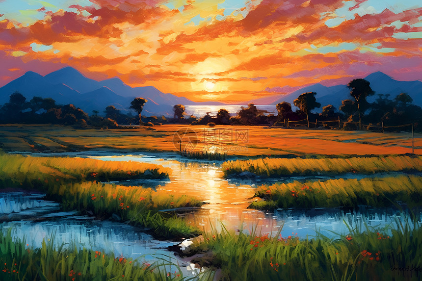 稻田中的日落图片