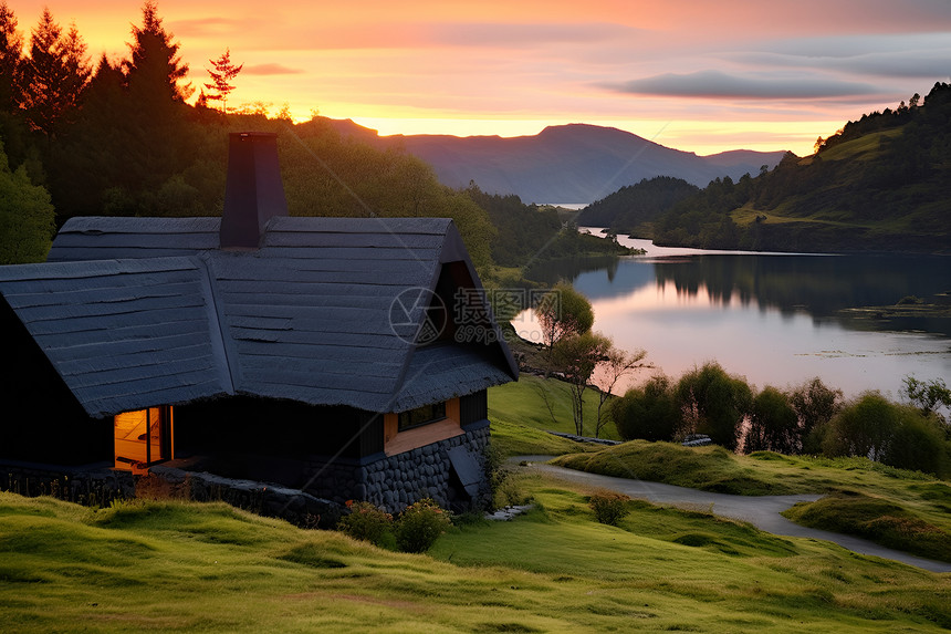 风景优美的湖畔小屋建筑图片