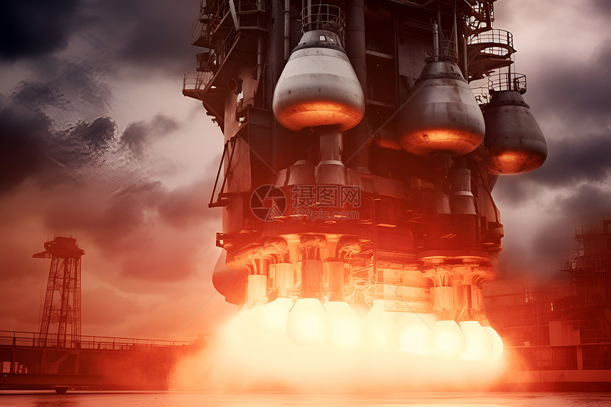 烟雾腾腾的火箭发动机发射场景图片