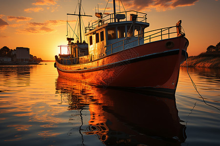 捕捞渔船金色余晖镀满港口插画