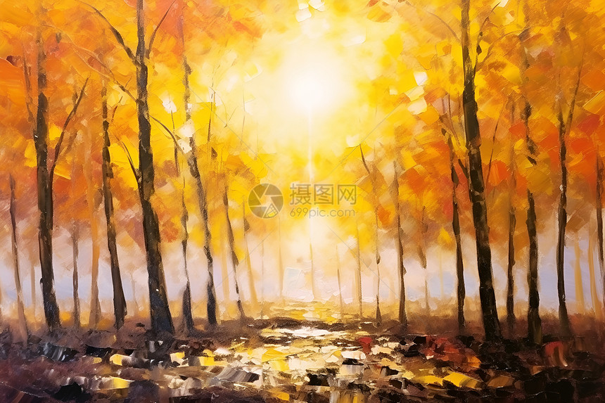 林间金黄的树木油画图片