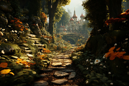 神秘梦幻的丛林城堡背景图片