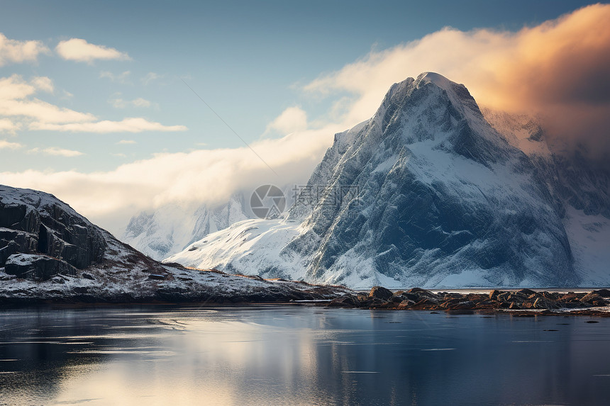 冰山倒映湖水的美丽景观图片