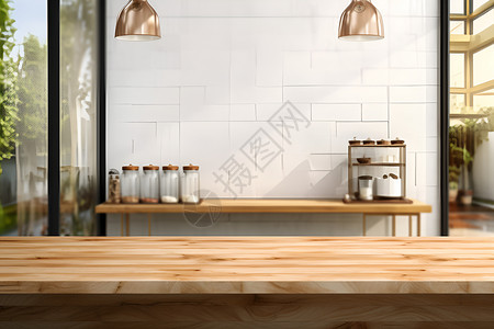 现代厨房中的木质吧台背景图片