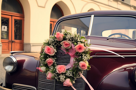 复古玫瑰婚车上的植物花圈背景