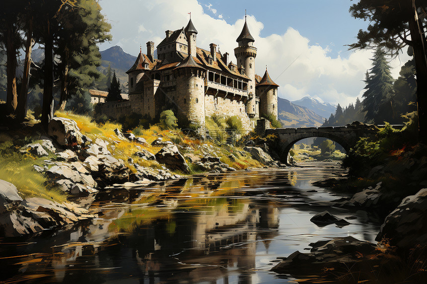 风景优美的河畔城堡油画插图图片