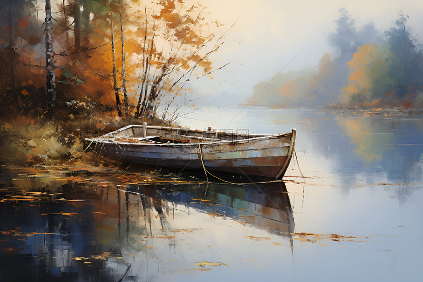 秋季湖畔的油画插图图片