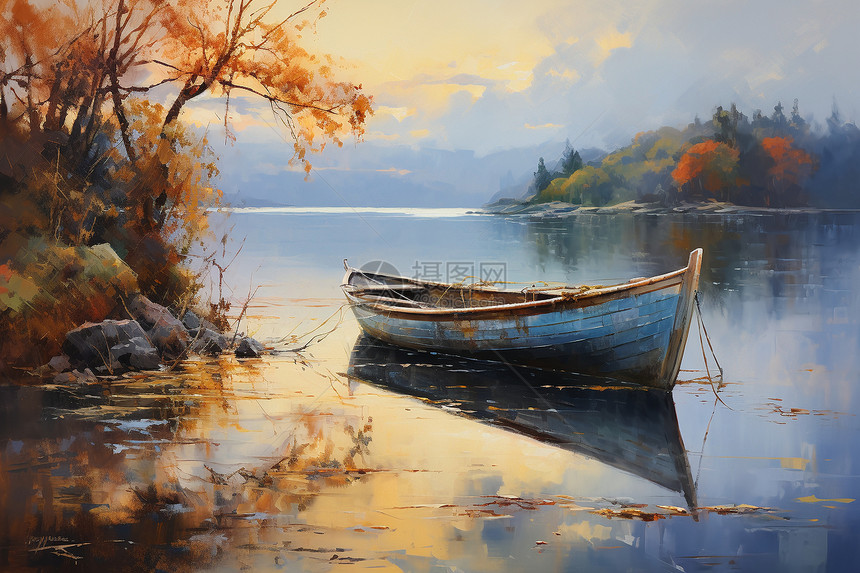 黄昏的湖畔油画插图图片