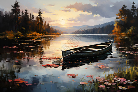 夕阳下的湖泊小船背景图片