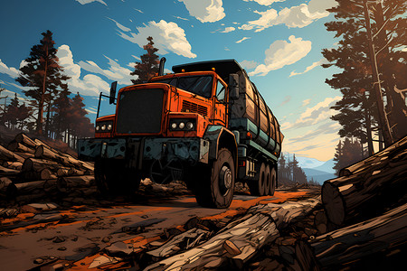 运输木材运输原木材的卡车插画