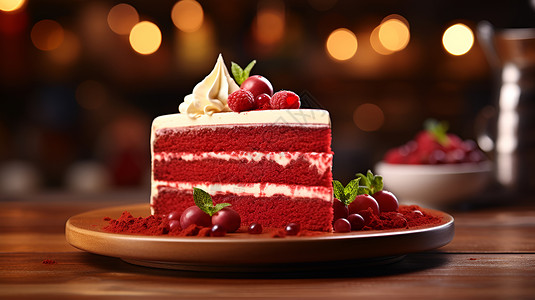 诱人的蛋糕甜点新鲜烘焙的红丝绒蛋糕背景