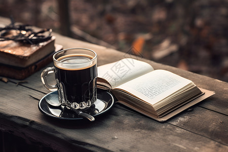 木桌上的咖啡和书籍背景图片