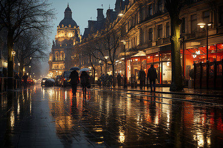 雨中行人夜晚雨中的繁华街景设计图片