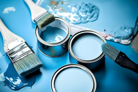 蓝色油漆滴痕桌上的油漆和刷子背景
