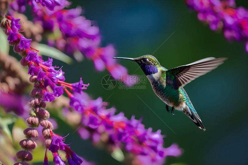 紫色花朵前的蜂鸟图片