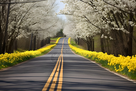 公路和花朵背景图片
