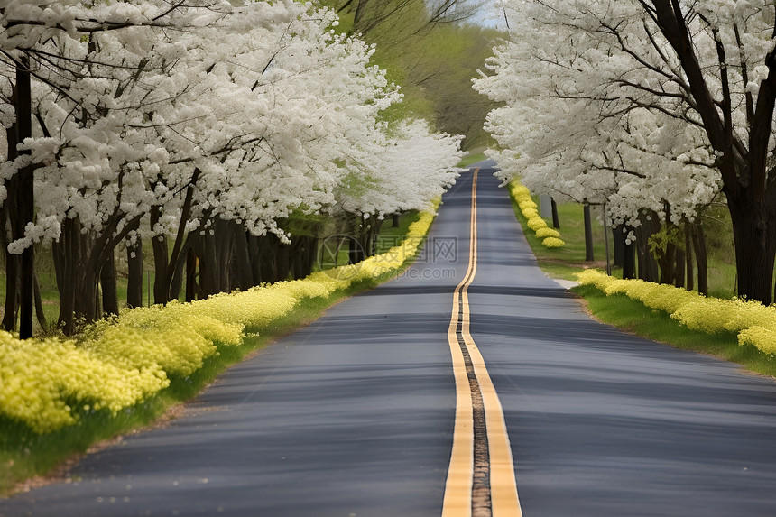 道路旁的花树图片