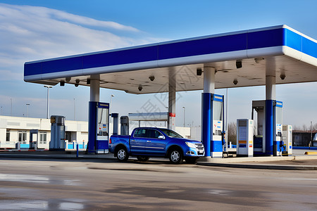 燃料加油站里的蓝色皮卡背景