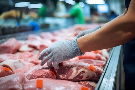 加工肉类食品加工厂里一个人戴手套背景