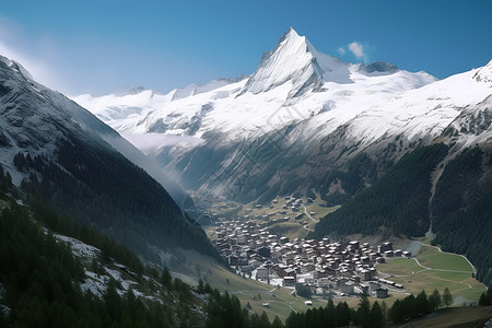 雪峰下的村庄背景图片