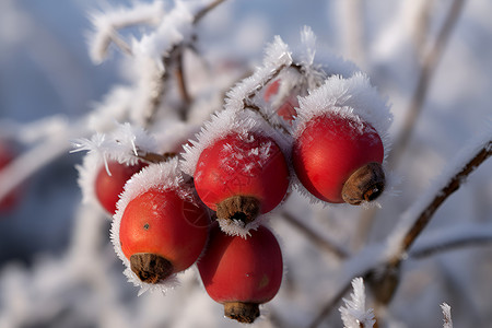 红色浆果上的冰雪背景图片
