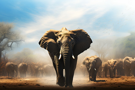 大象行走于荒野里背景图片