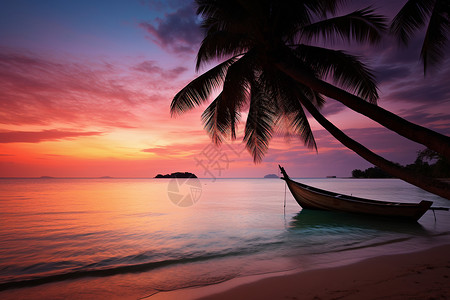 夕阳沙滩上的渔船背景图片