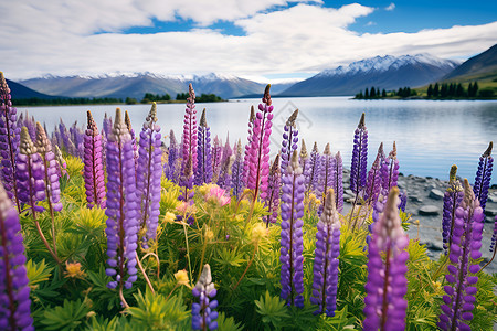 湖畔紫色花海背景图片